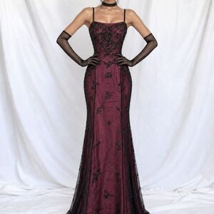 Vintage Pink Black Silk Floral Beaded Bodycon Maxi Formal Prom Dress Size S/M